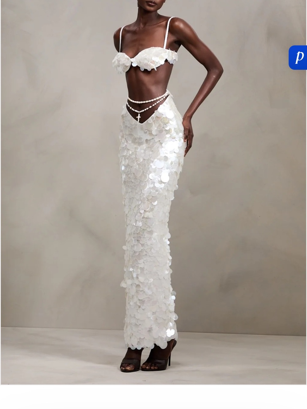 White Sequin Maxi Skirt with Pearl Chain Detail